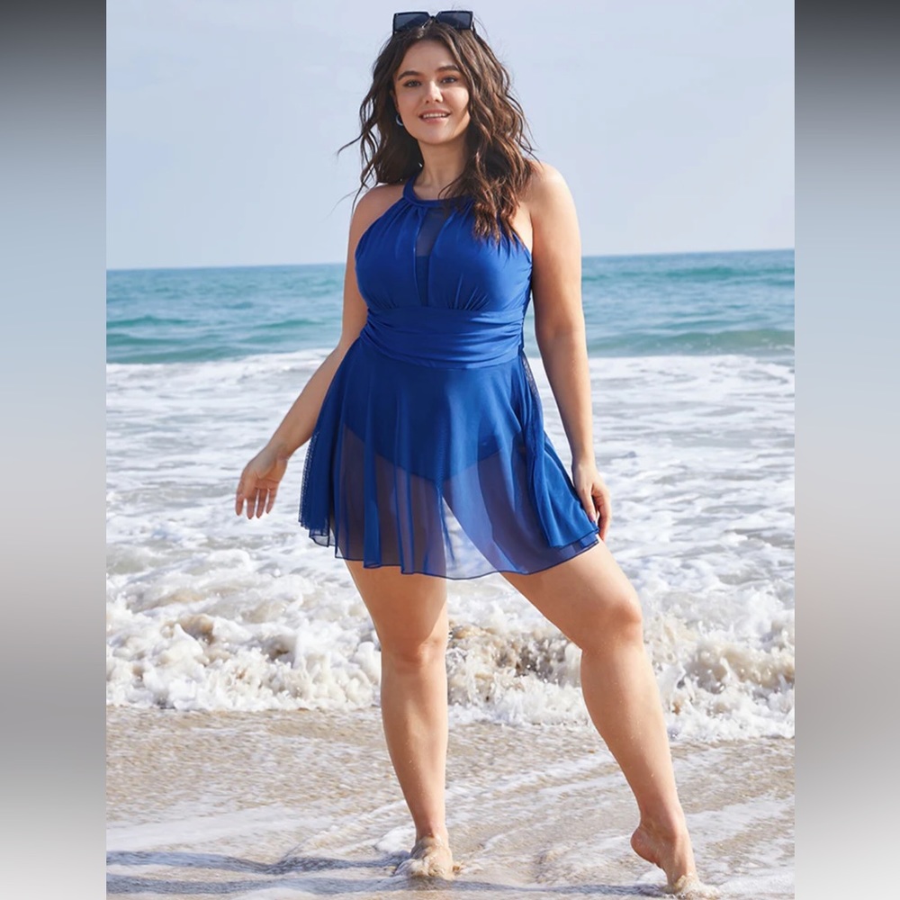 Knotted Back Mesh Insert Halter Swim Dress - Picture 7 of 8